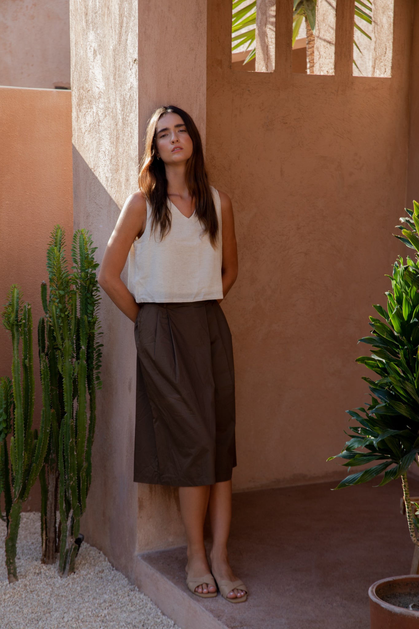 V Neck Linen Crop Top