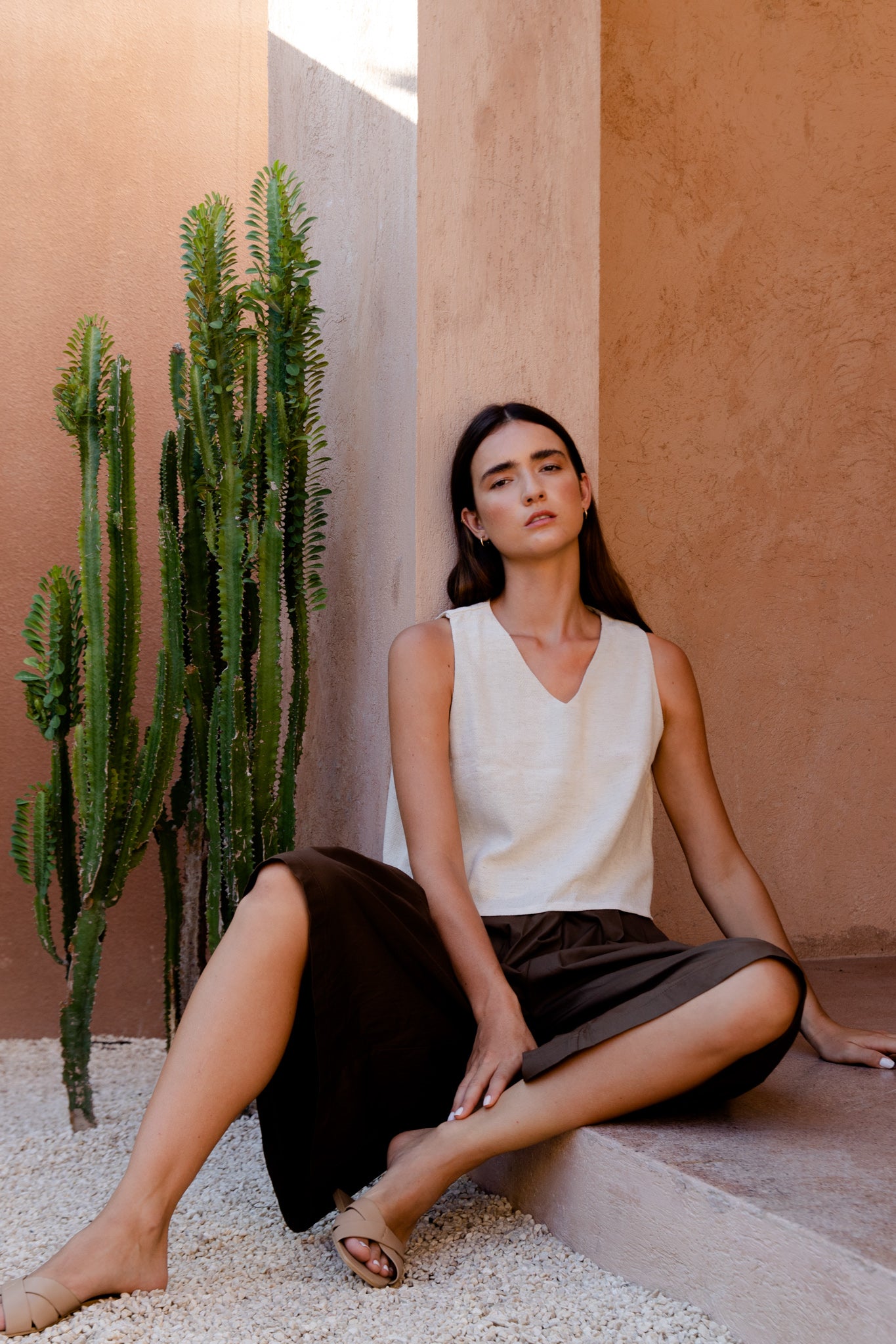 V Neck Linen Crop Top
