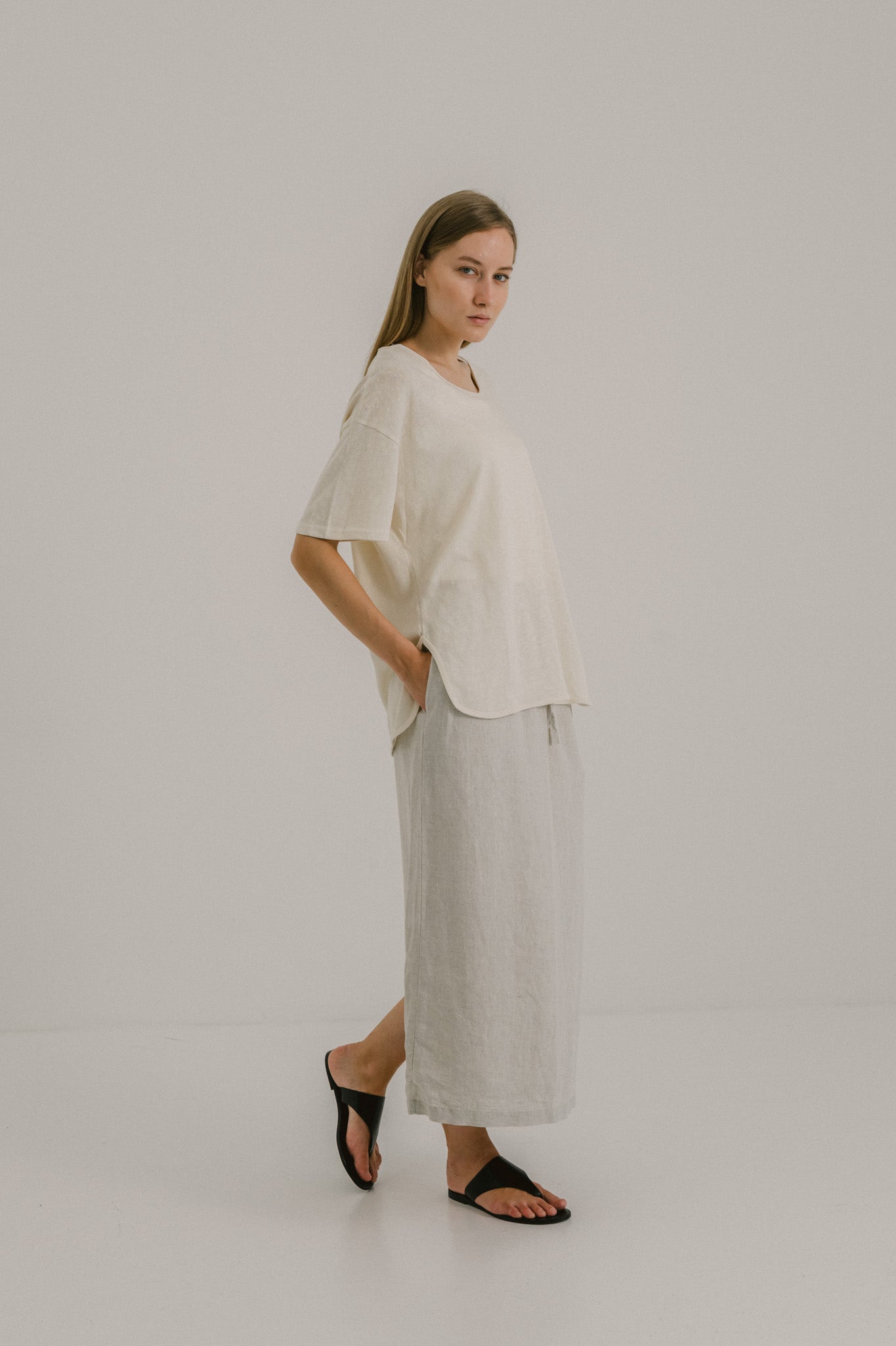 Drawstring Linen Midi Skirt