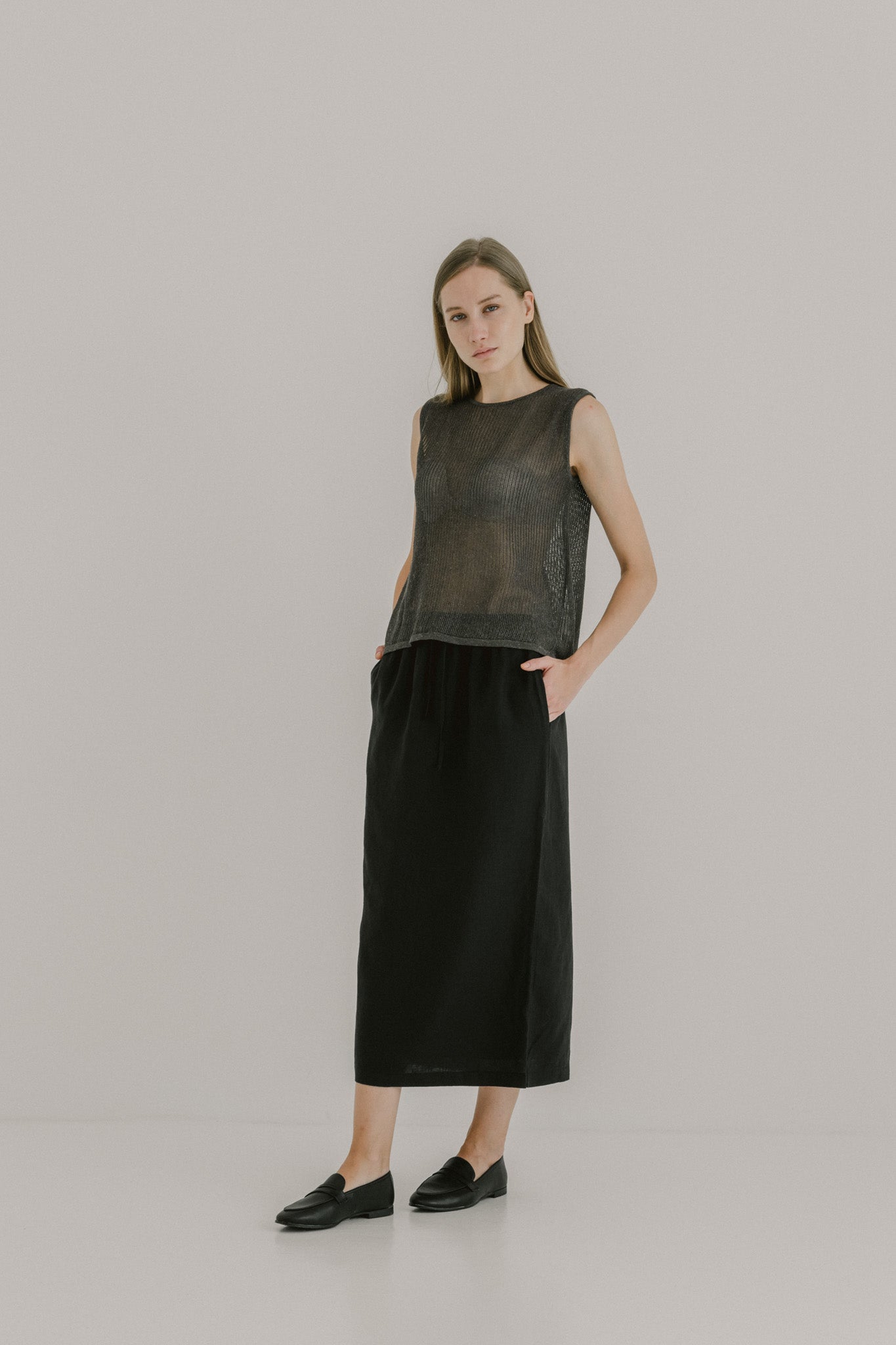 Drawstring Linen Midi Skirt