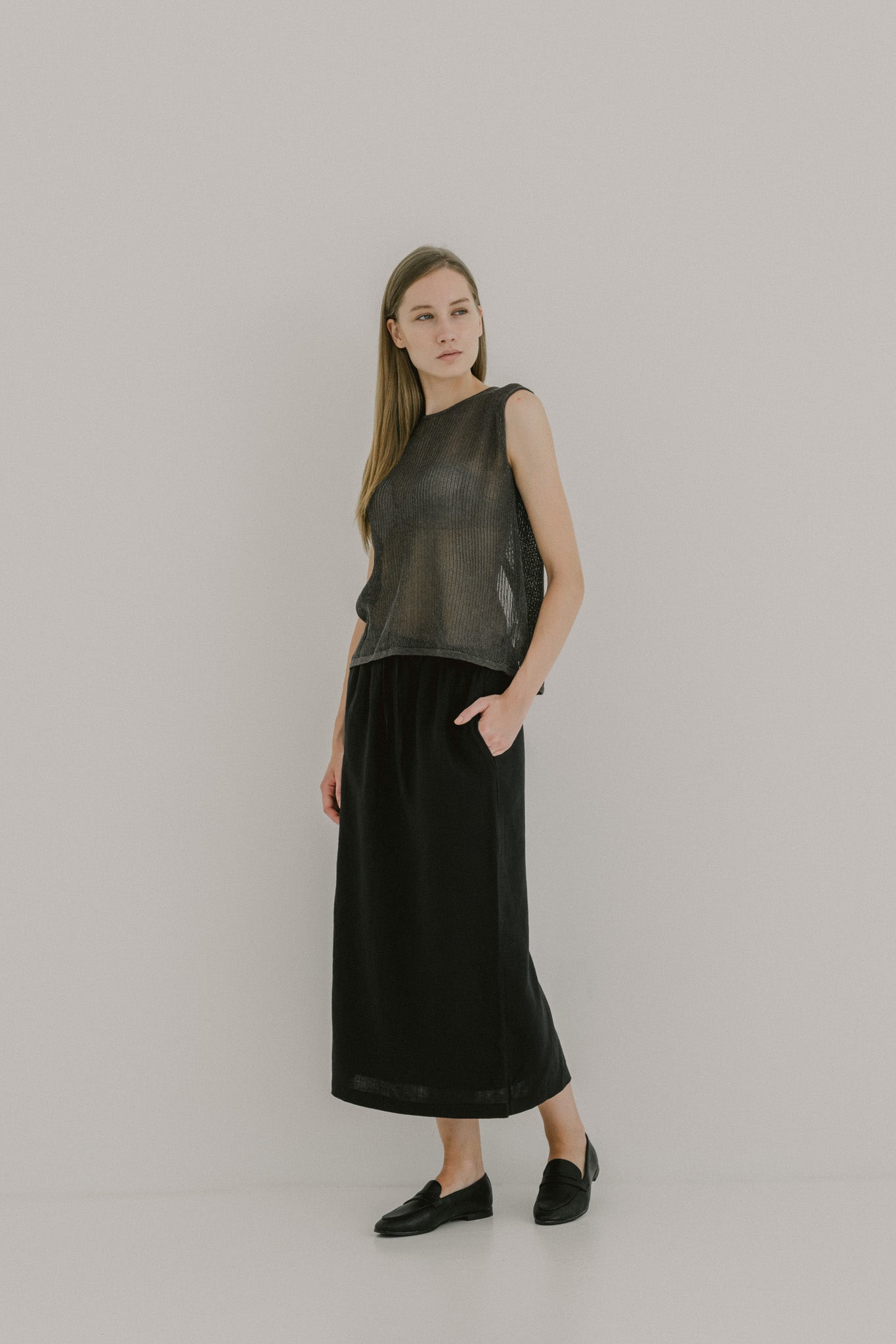 Drawstring Linen Midi Skirt