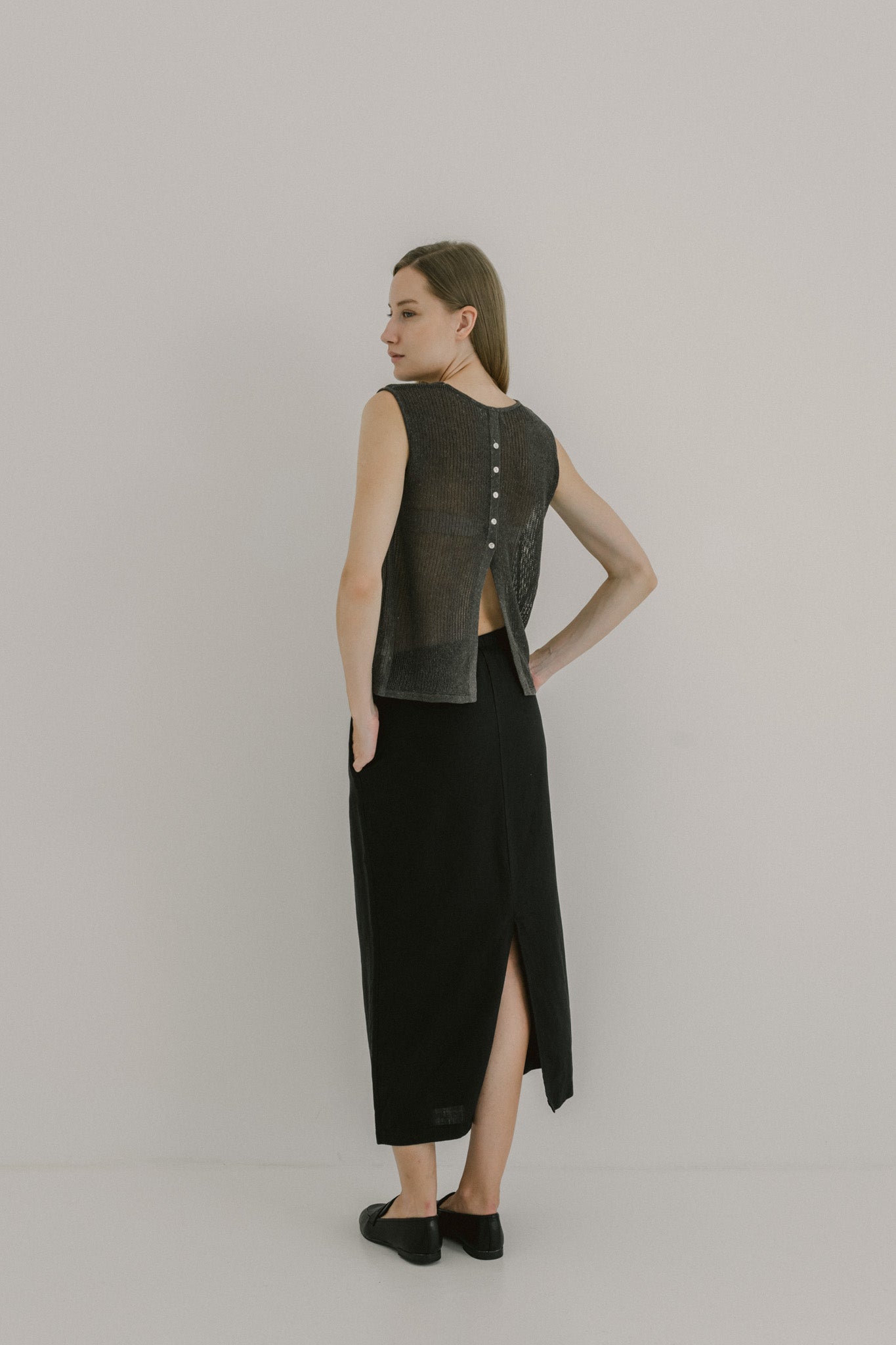 Drawstring Linen Midi Skirt