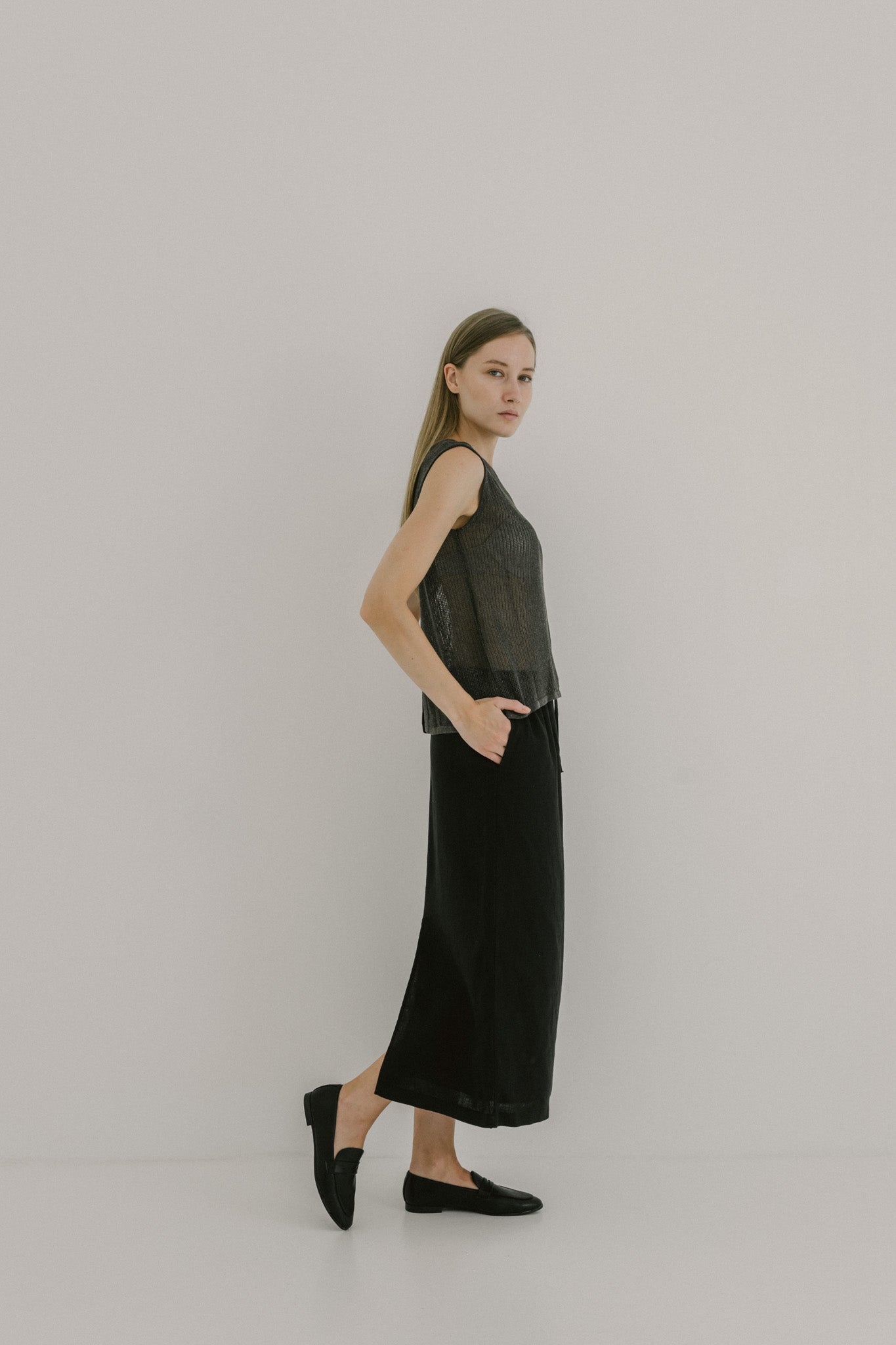 Drawstring Linen Midi Skirt