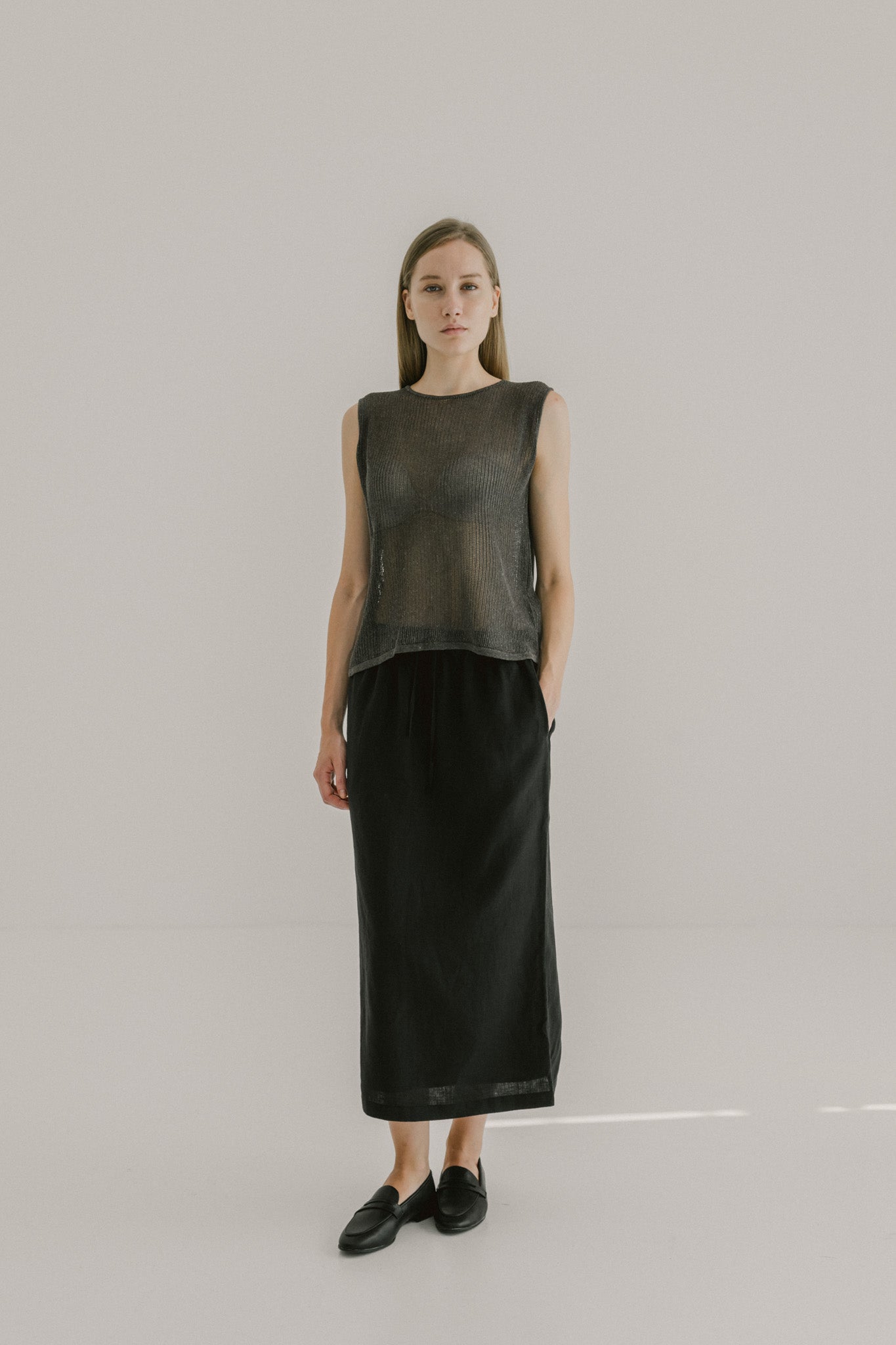 Drawstring Linen Midi Skirt