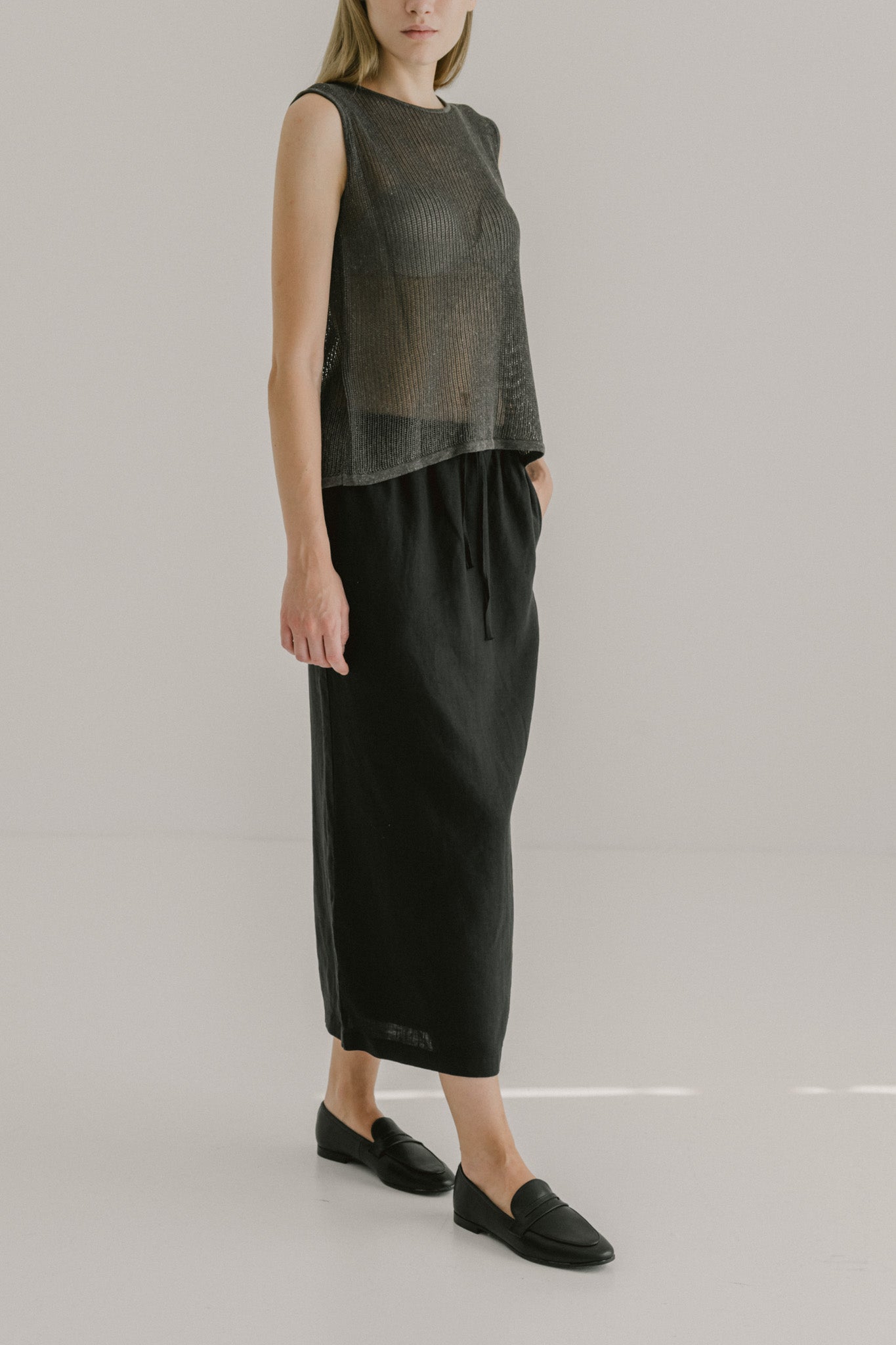 Drawstring Linen Midi Skirt