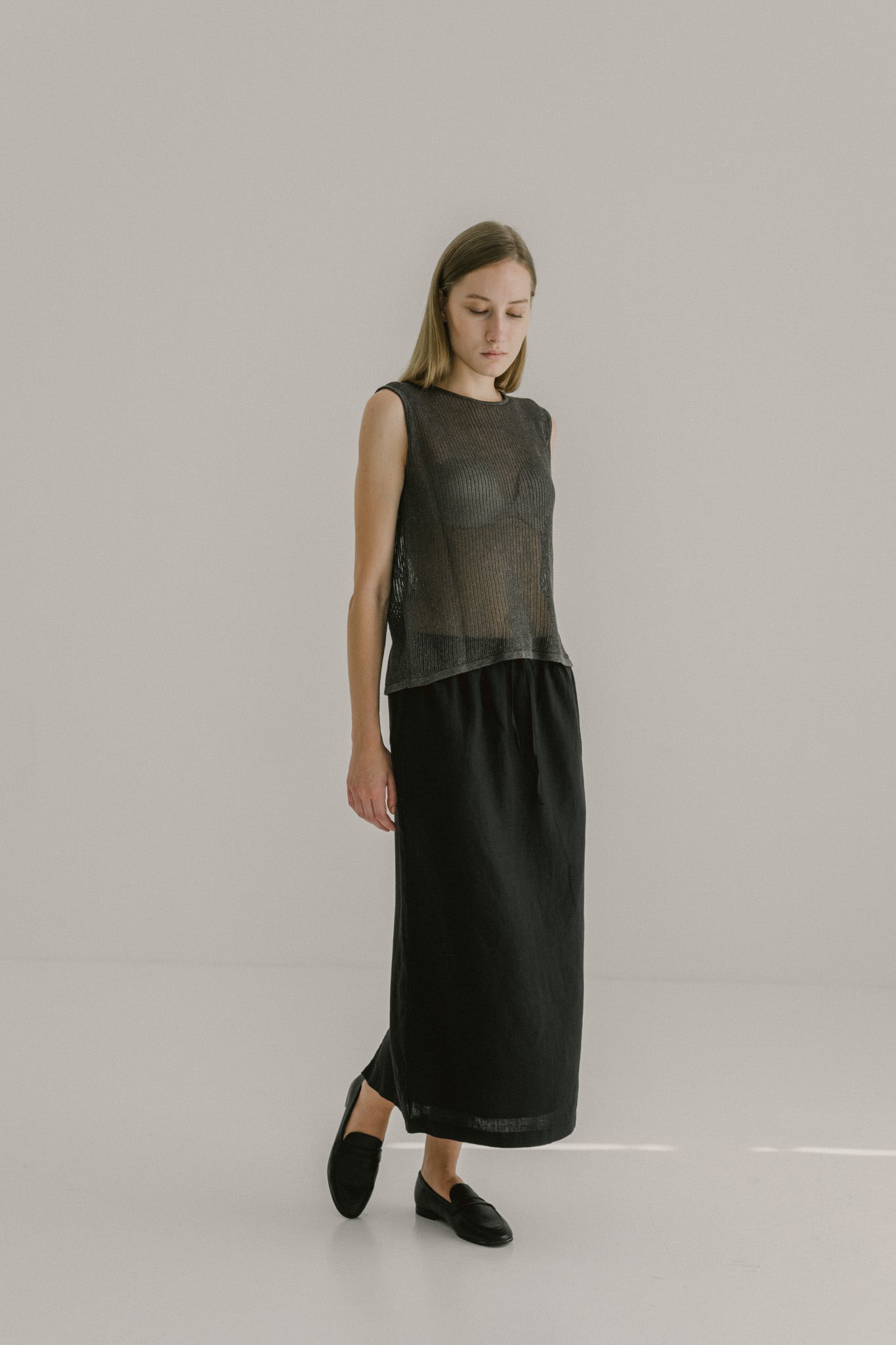 Drawstring Linen Midi Skirt