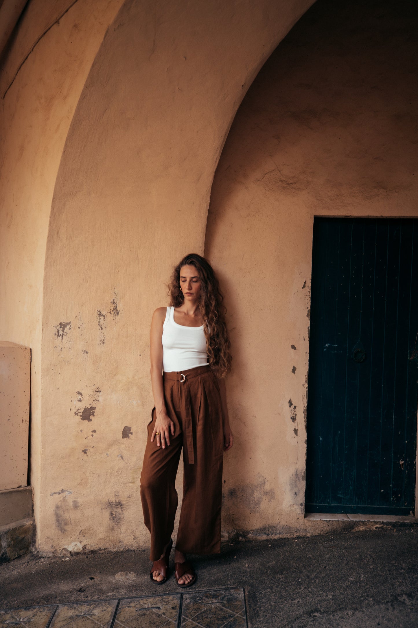 Belted Tapered Linen Trousers