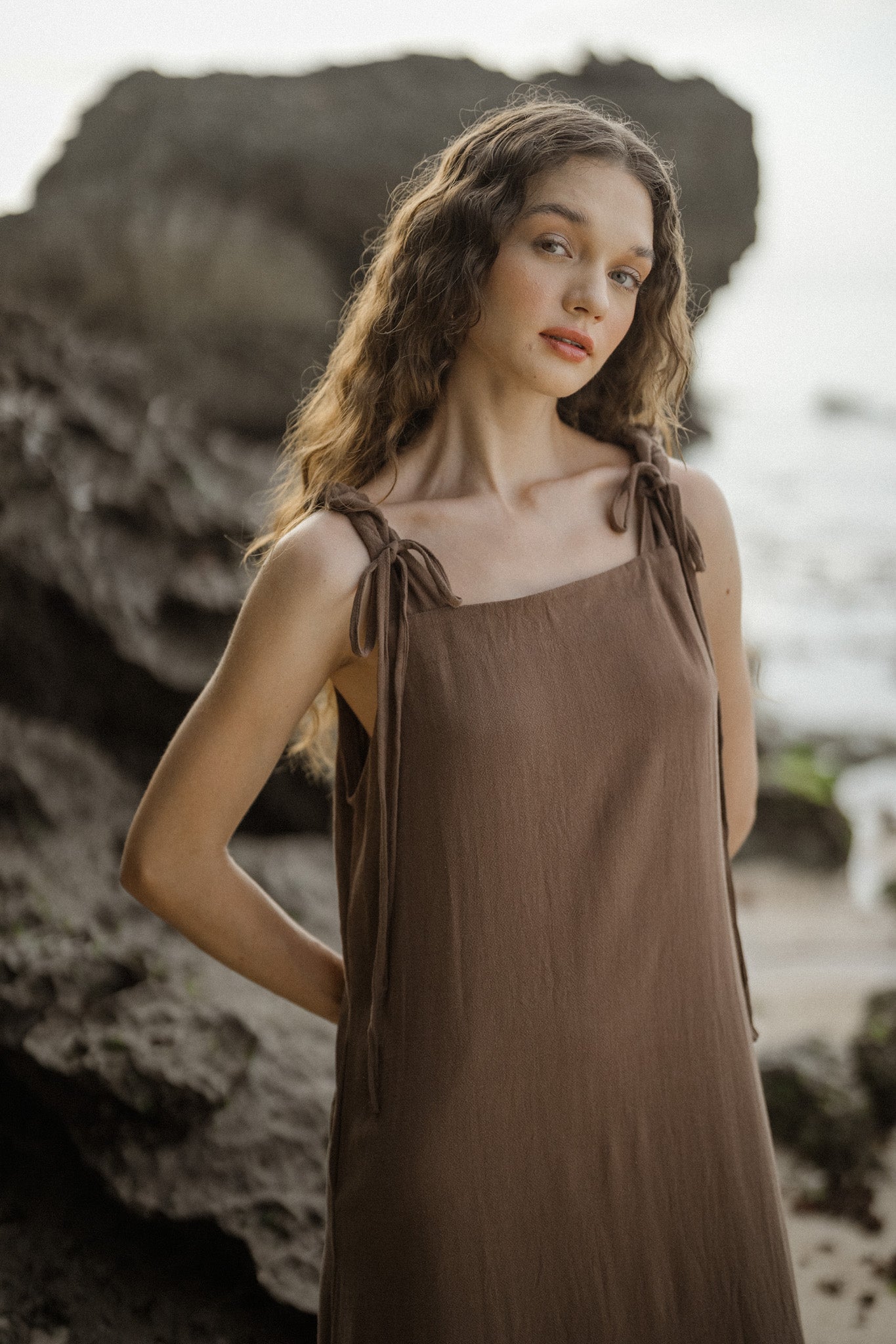 Ruched Strap Linen Dress