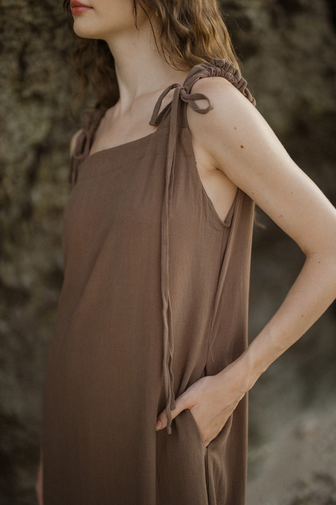 Ruched Strap Linen Dress