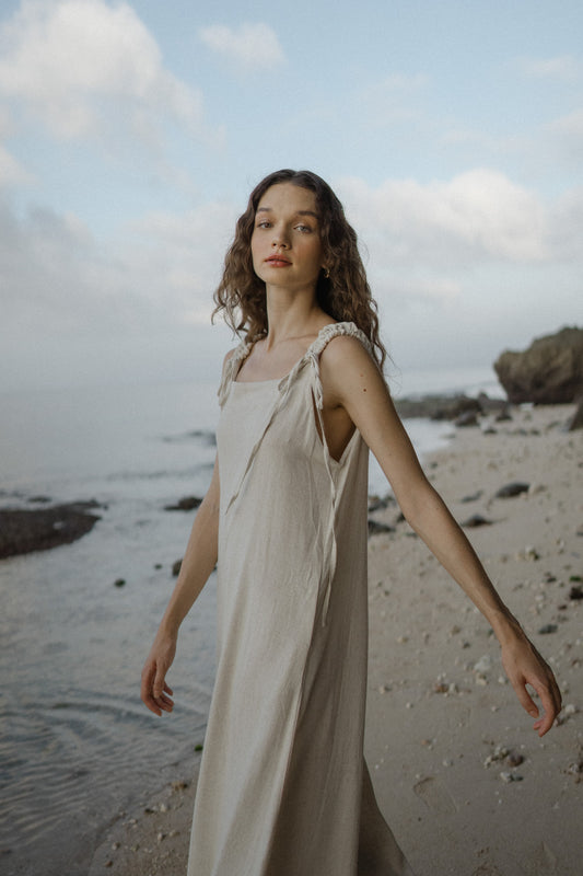 Ruched Strap Linen Dress