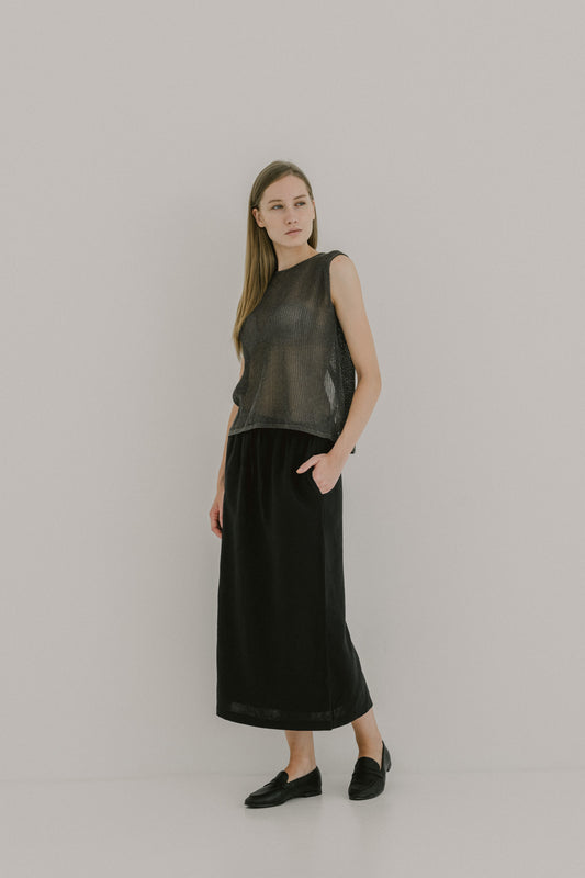 Drawstring Linen Midi Skirt