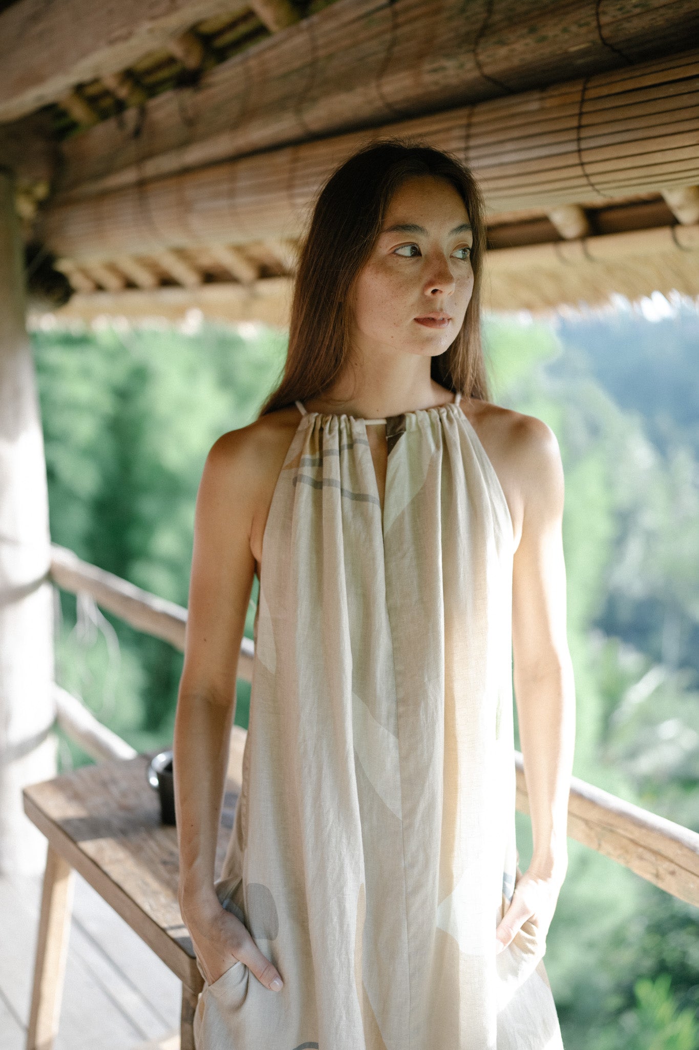 Drawstring Halterneck Linen Dress