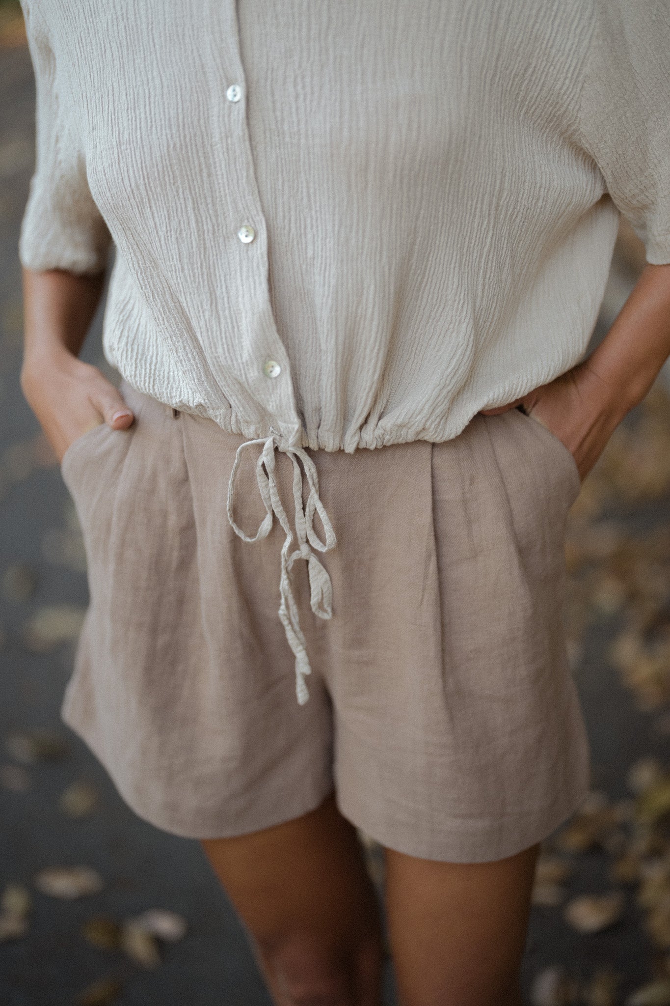 Drawstring Texture Linen Top