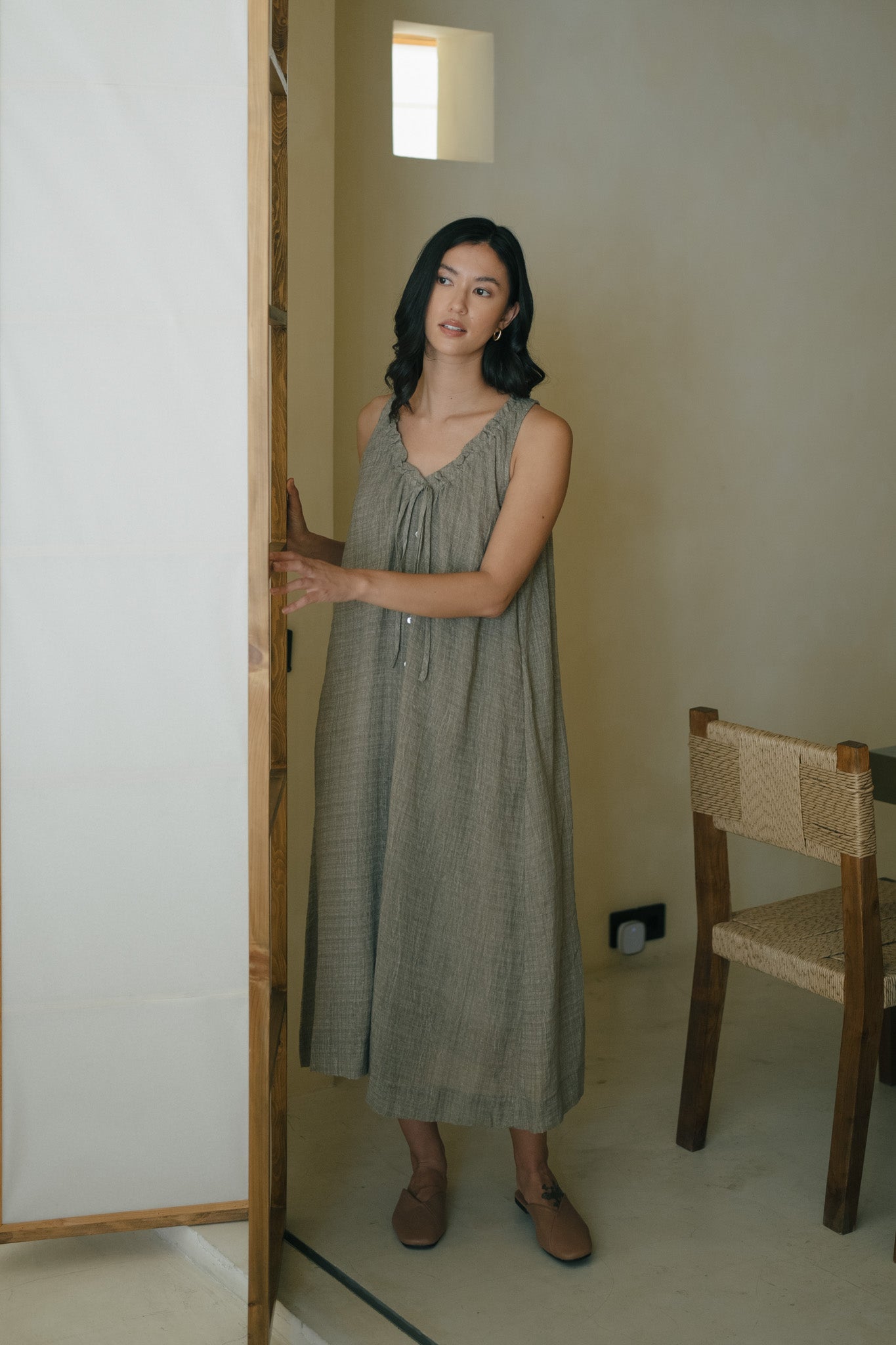 V Neck Texture Linen Dress