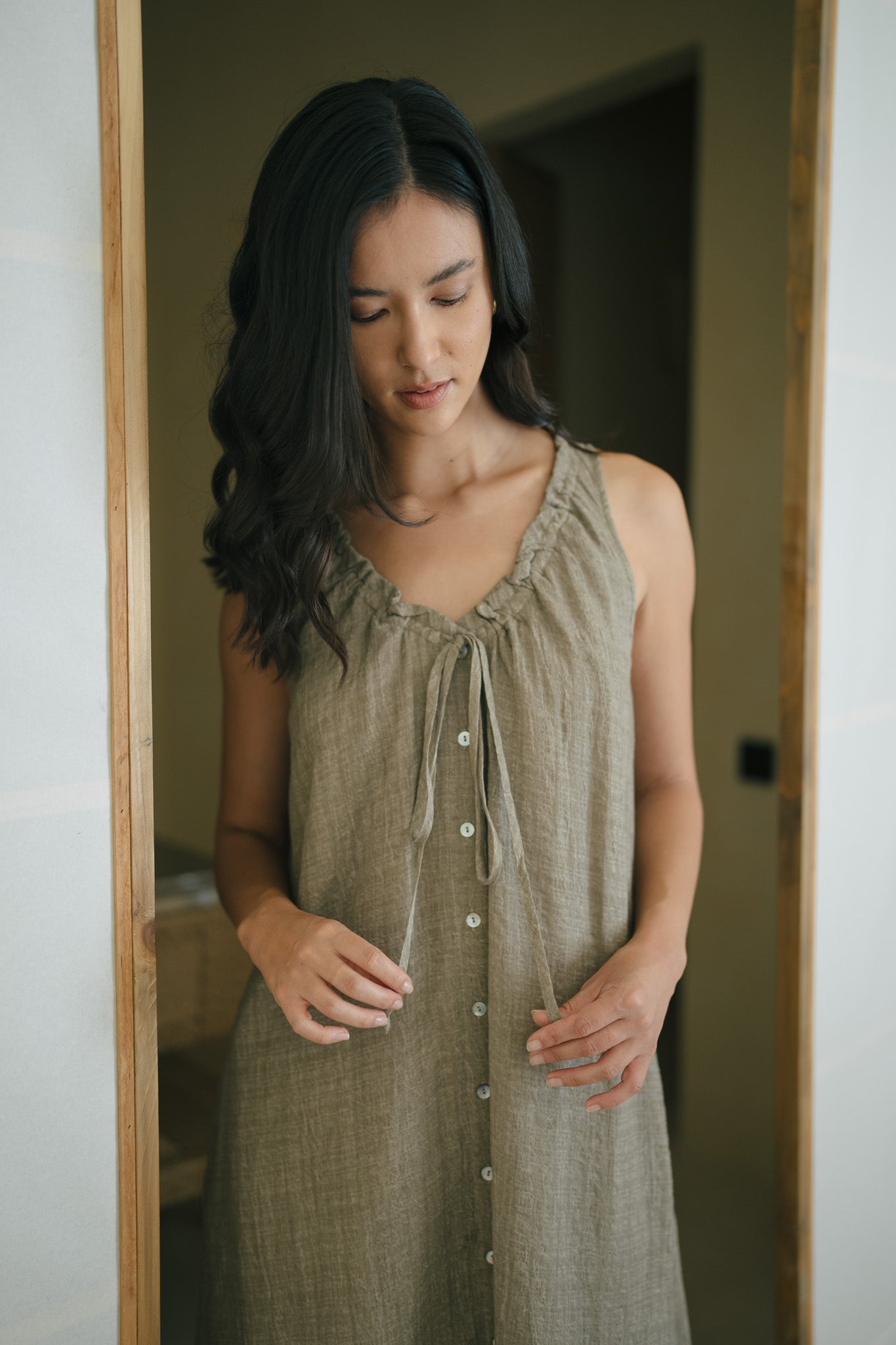 V Neck Texture Linen Dress