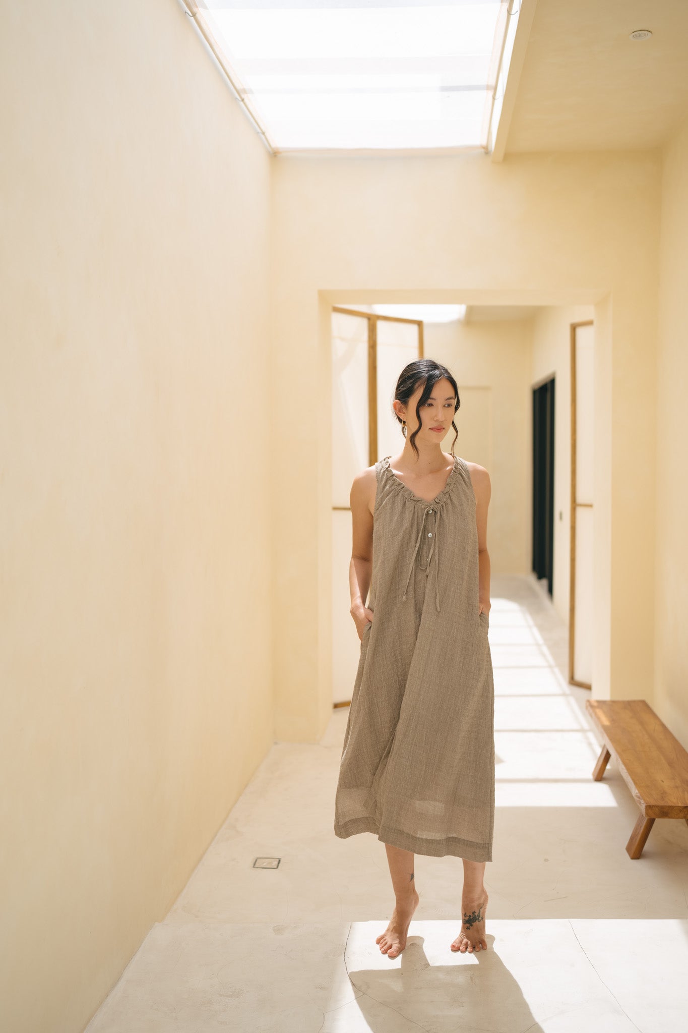 V Neck Texture Linen Dress