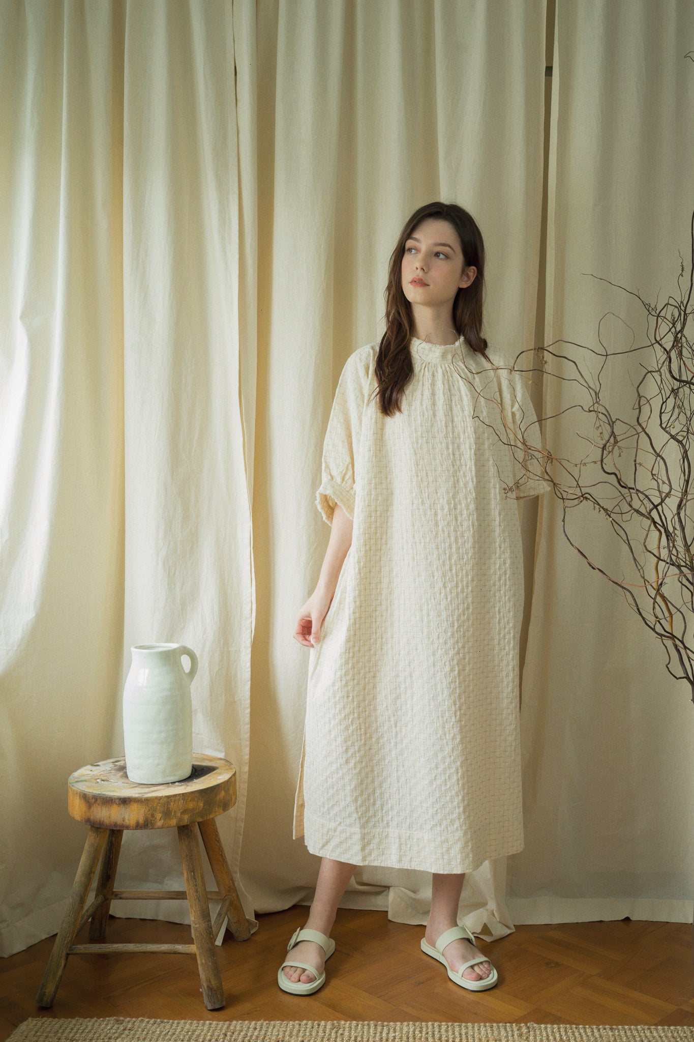 Textured Puff Sleeve Linen Dress